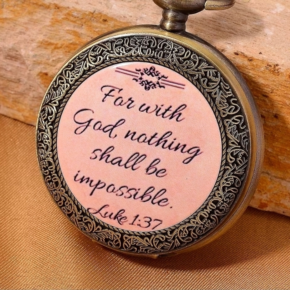 Strada Japanese Movement Nude Pink Bottom Text Pattern Pocket Watch with Chain
